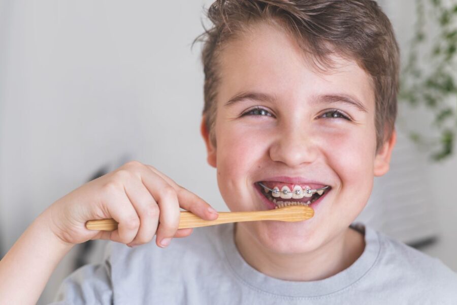 Boy with braces smiling in San Francisco, California